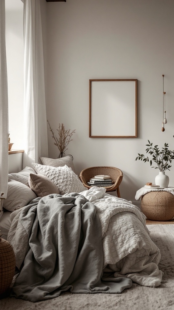 A stylish Scandinavian bedroom featuring minimalist design with natural textures.