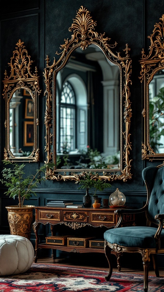 A living room featuring ornate mirrors, vintage furniture, and a rich color palette, embodying witchy maximalism.