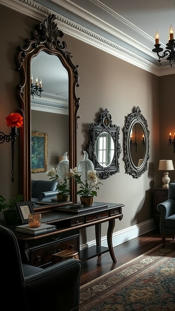 A gothic maximalism living room featuring mirrors with intricate frames, highlighting a stylish decor.