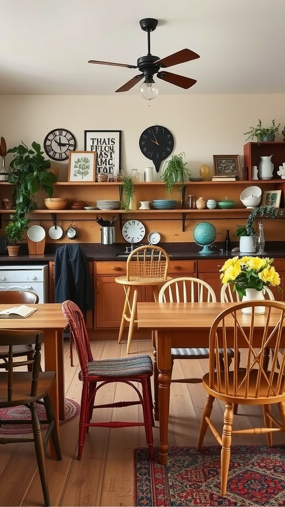 A bohemian-style kitchen featuring a mix of wooden furniture, colorful chairs, and plants.