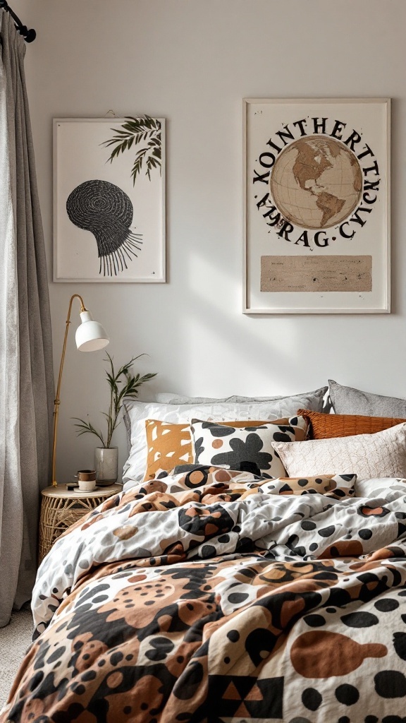 A cozy bedroom featuring a mix of patterned bedding and wall art