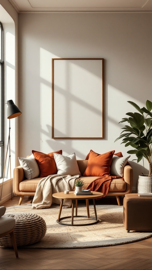 Eclectic living room with cultural decor and warm colors.