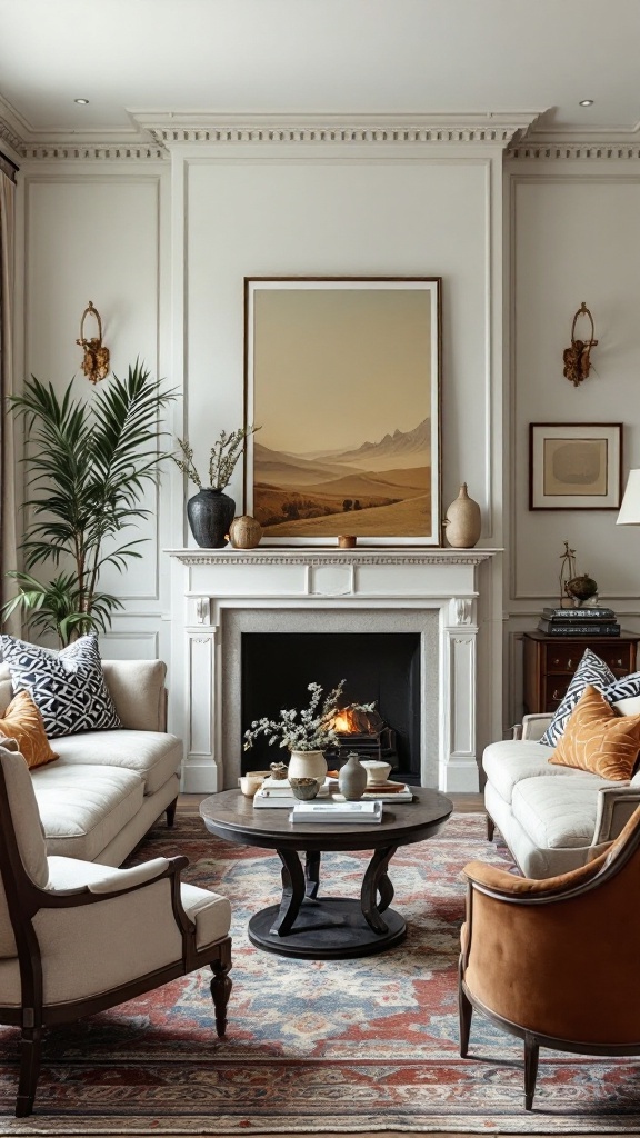 A stylish living room featuring a mix of modern and antique furniture, with a cozy fireplace and artistic decor.