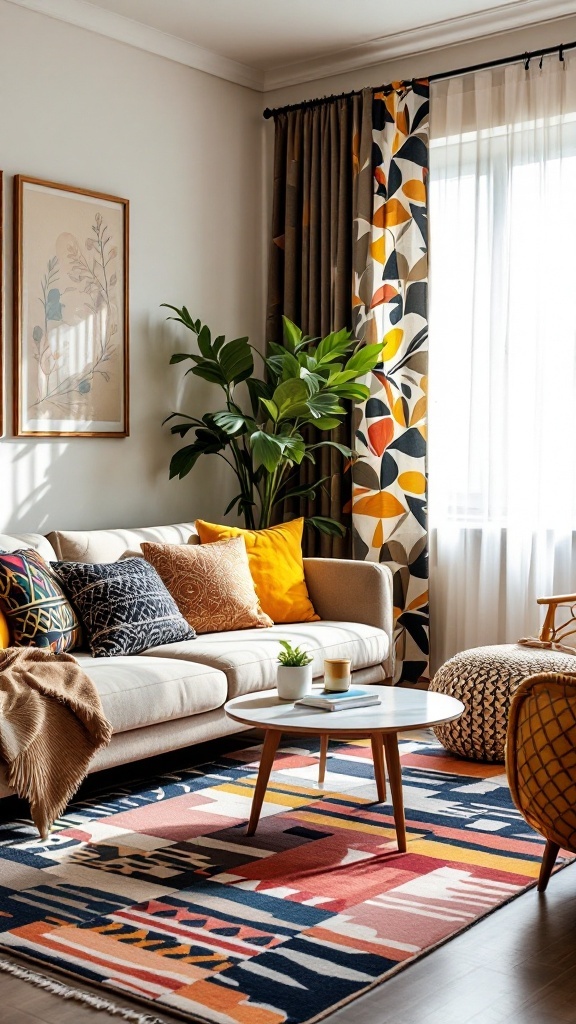 Eclectic living room featuring a mix of patterns with colorful cushions, curtains, and a patterned rug.