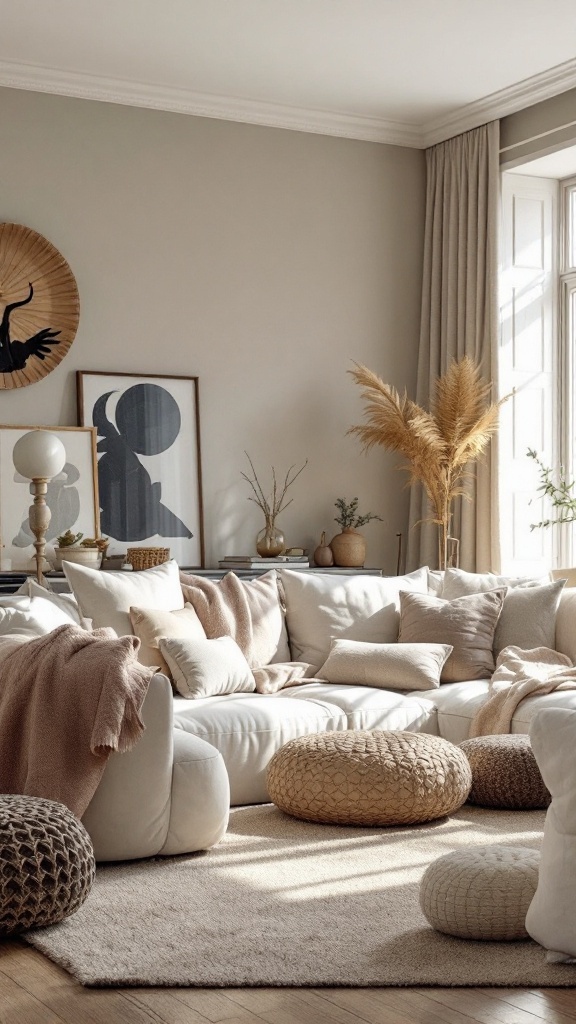 A cozy living room with a sectional sofa, poufs, and decorative elements.