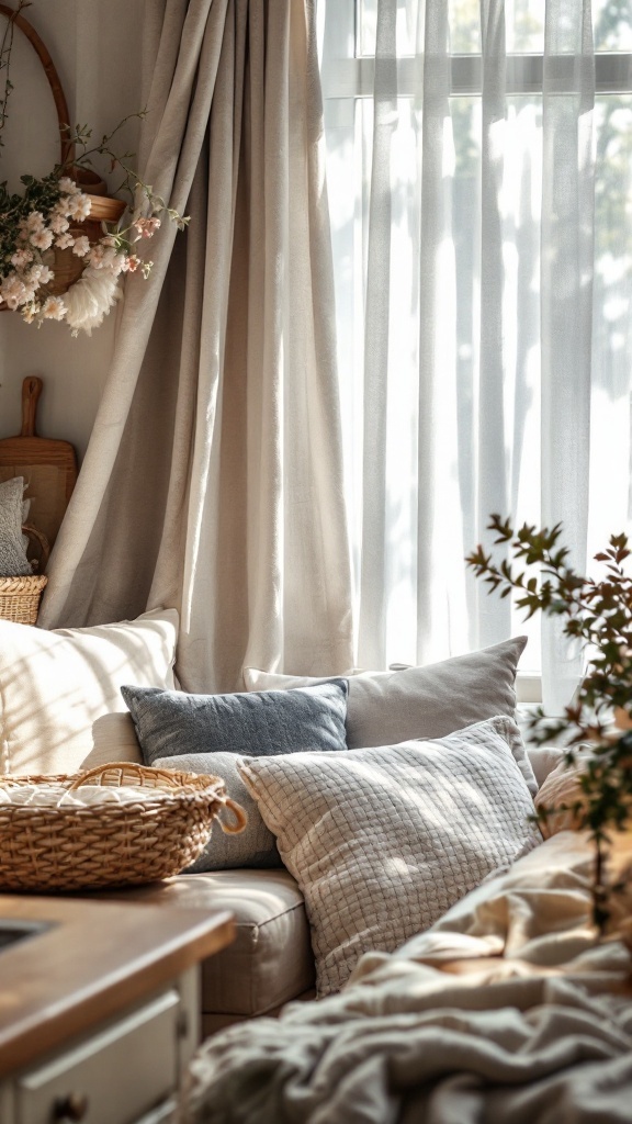 A cozy nook with soft fabrics, including light curtains and decorative pillows.