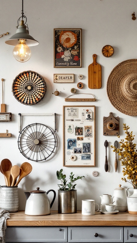 A cozy farmhouse kitchen wall with a mix of vintage decor, including plates, cutting boards, and artwork.