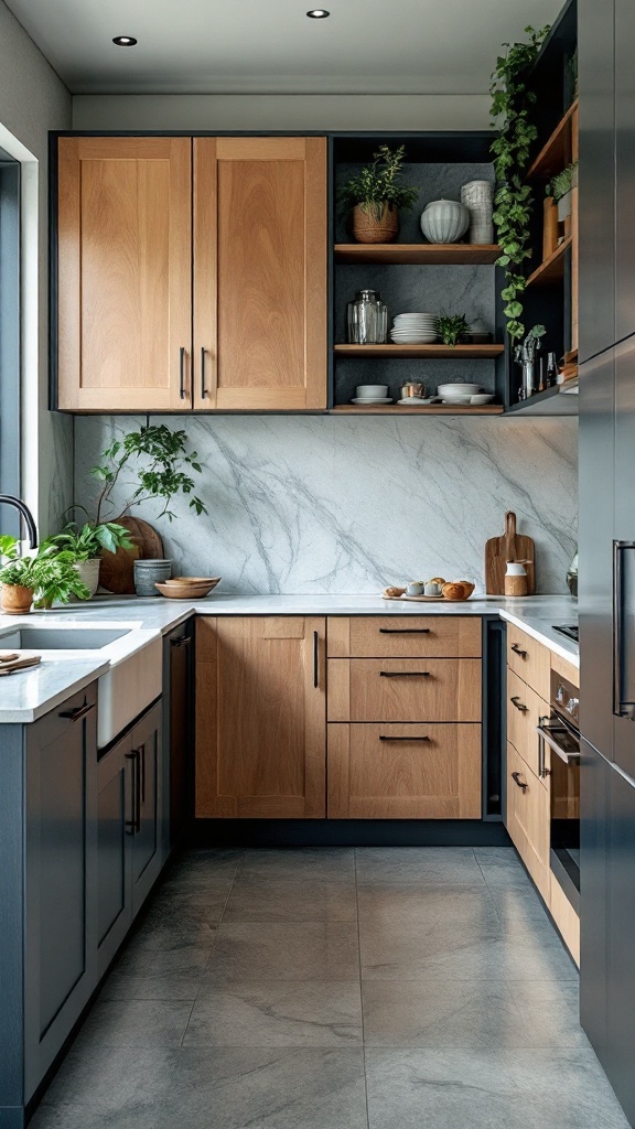 A kitchen featuring a mix of wooden and dark cabinets with a sleek countertop.