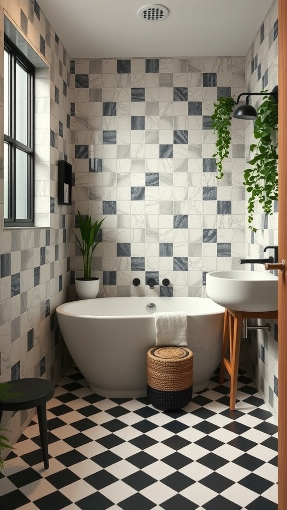 A stylish bathroom featuring checkerboard tiles with mixed materials.