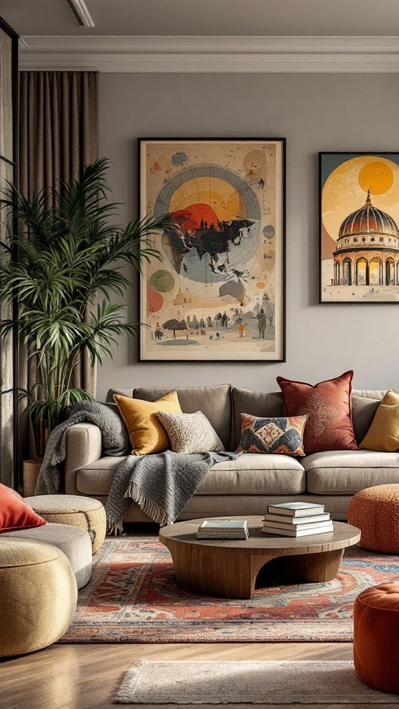 A cozy living room featuring a mix of cultural elements, with vibrant pillows, artwork, and natural plants.