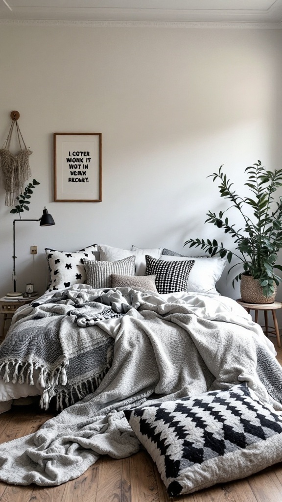 A cozy Scandinavian bedroom with various patterns in bedding and pillows, featuring plants and wall art.