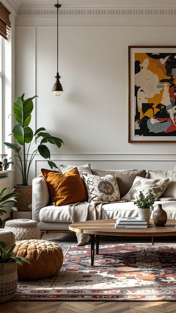 A cozy living room featuring a mix of vintage and modern decor, with a light-colored sofa, colorful cushions, and a wooden coffee table.