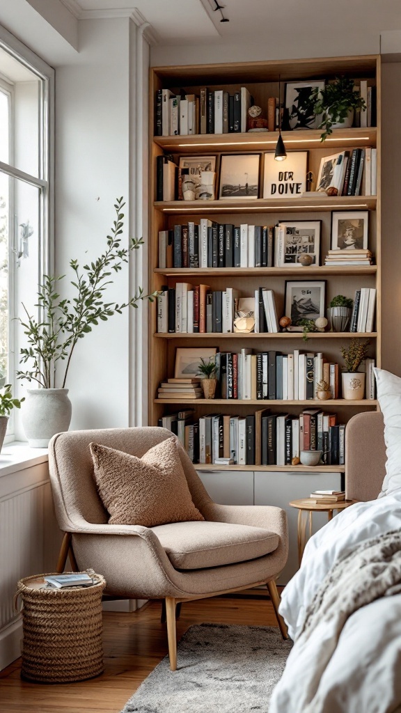 A cozy reading nook featuring a comfortable chair, a bookshelf filled with books, and decorative items.