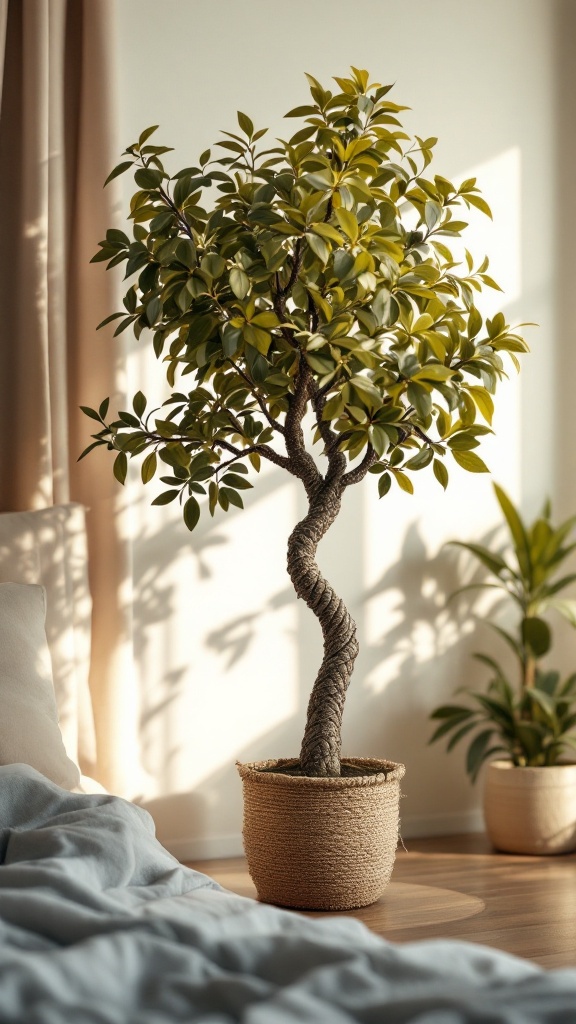 A Money Tree plant with a braided trunk and lush green leaves in a cozy indoor setting.