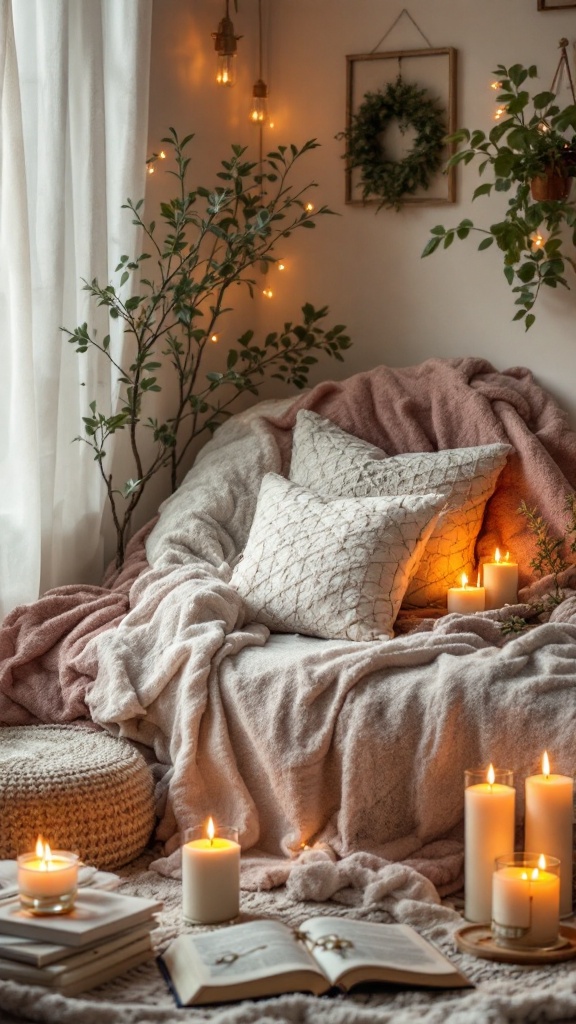 A cozy scene with soft throws and candles creating a warm atmosphere.