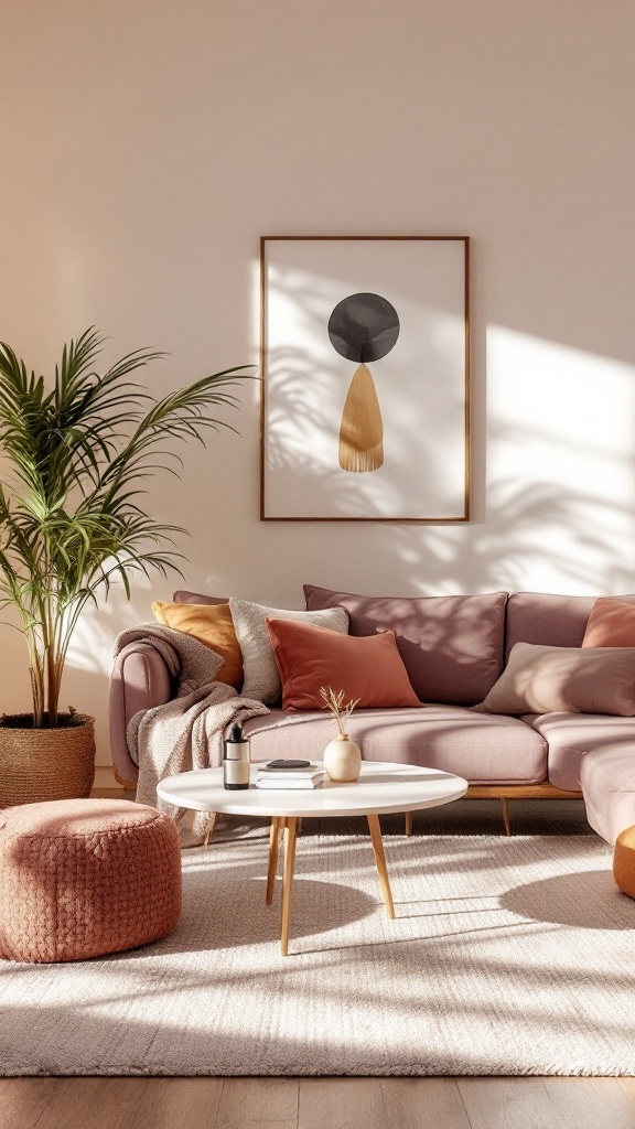 A stylish living room featuring a pink sofa, decorative pillows, a round coffee table, and a potted plant.