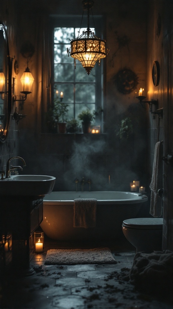 A beautifully lit, moody bathroom with candles and a chandelier, creating a warm atmosphere.