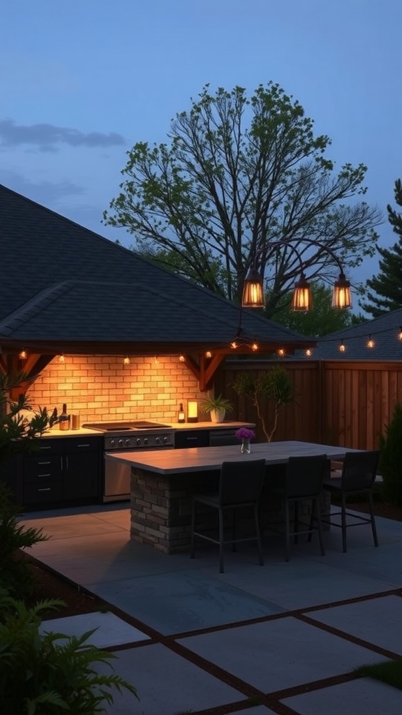 Outdoor kitchen with soft ambient lighting under a gazebo.