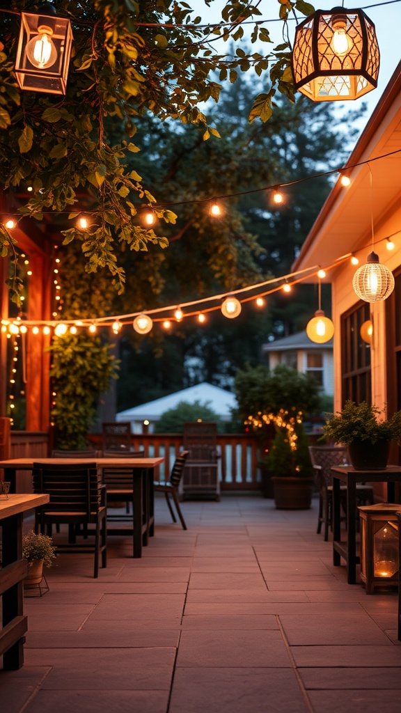 A beautifully lit patio with string lights and decorative lanterns