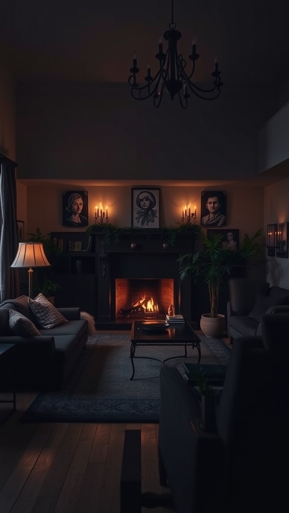 A dimly lit gothic living room with a chandelier, candles, and a fireplace.