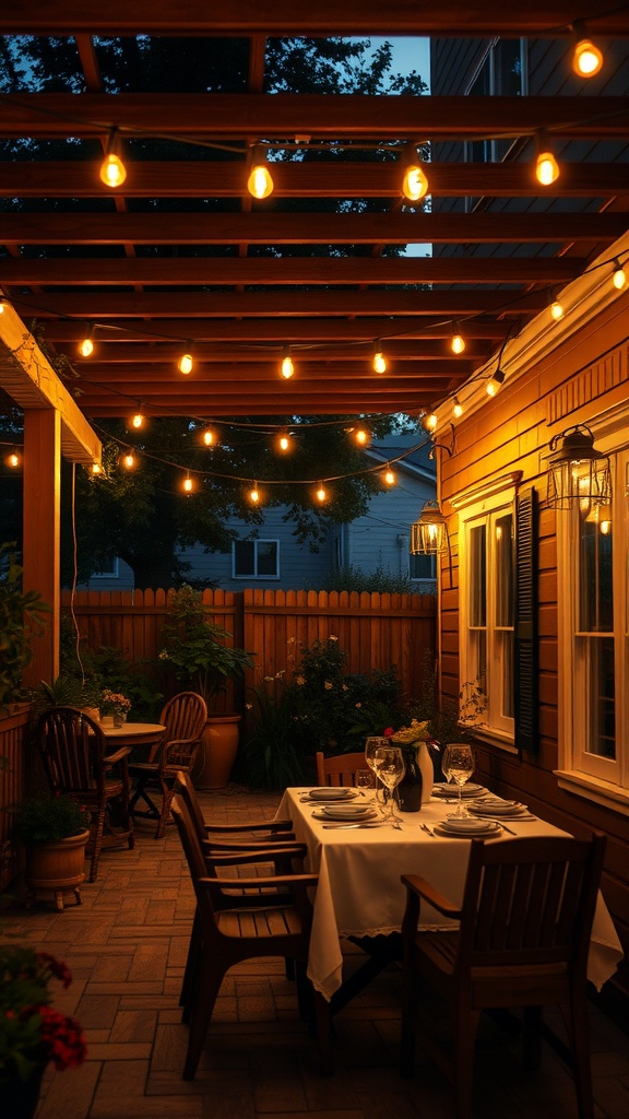 A patio decorated with string lights, creating a warm nighttime atmosphere.