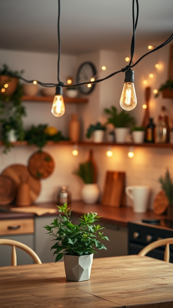 Cozy kitchen with string lights and a small plant on the table