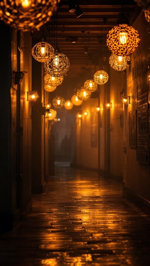 A hallway with moody lighting fixtures creating a warm, inviting atmosphere.