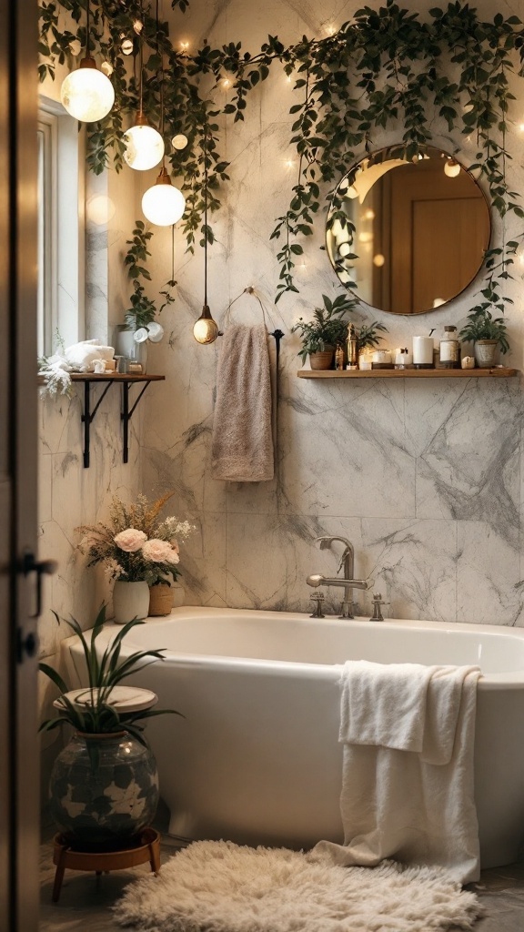 A boho bathroom featuring moon phase decor with soft lighting and plants.