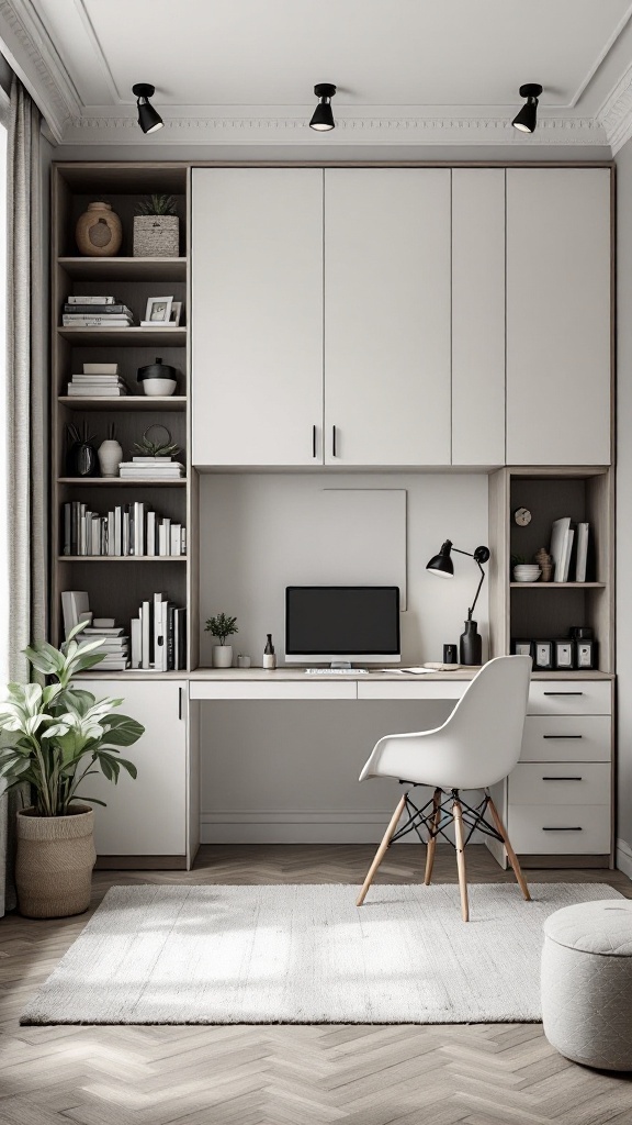 Scandinavian home office featuring a built-in Murphy desk with storage solutions