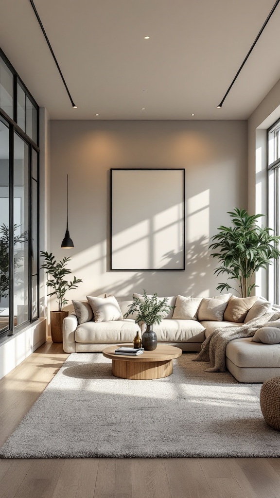 A stylish living room with a beige sofa, round wooden coffee table, and plants, showcasing a modern and functional design.