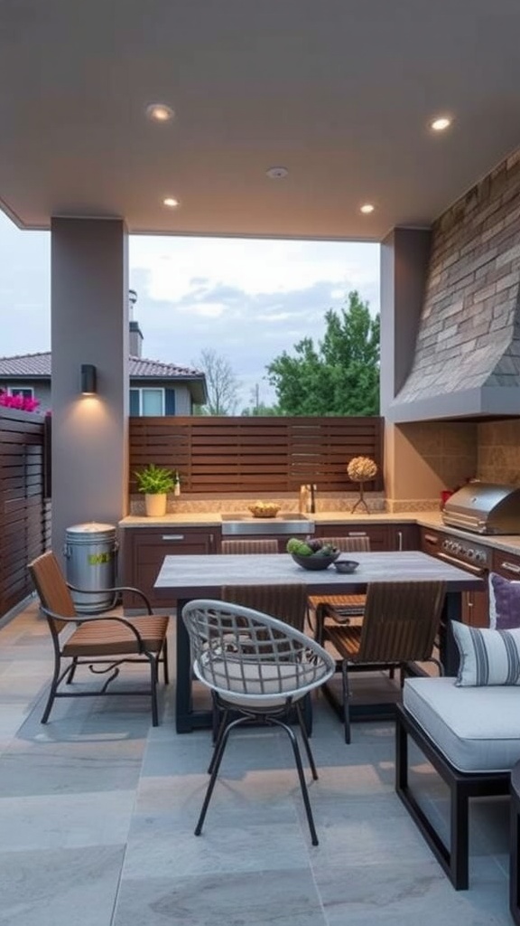 A modern outdoor kitchen with a pizza oven, bar area, and elegant tile flooring.