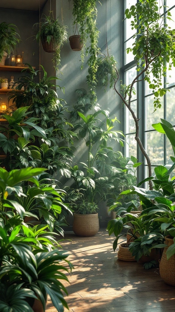 Lush indoor plants in a bright living room with sunlight filtering through the windows.