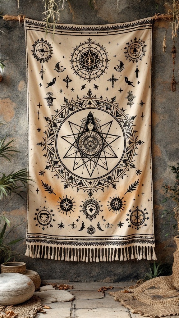 A large tapestry with celestial and mystical designs hanging on a wall, surrounded by plants and natural decor.