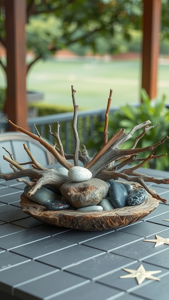 A centerpiece made of stones and twigs in a rustic bowl on a patio table.