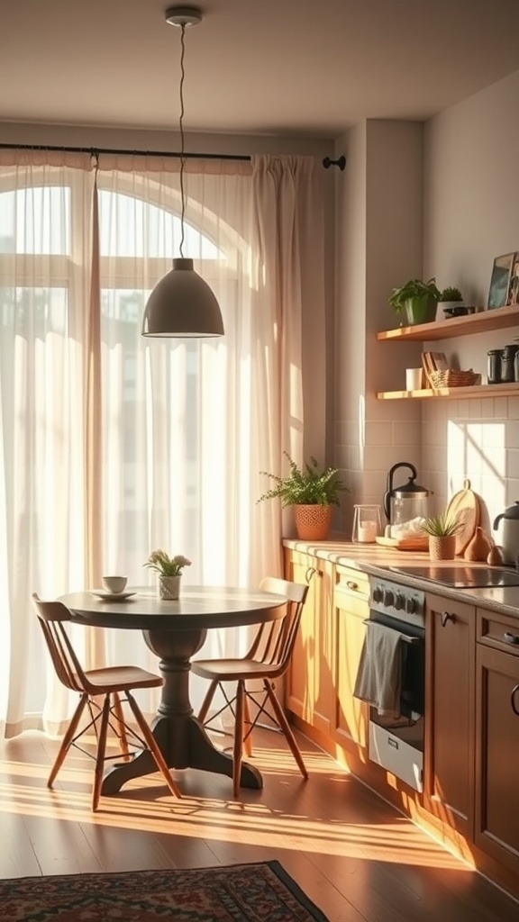 A cozy boho kitchen with natural light filtering through light-colored curtains, featuring a round table and wooden cabinets.