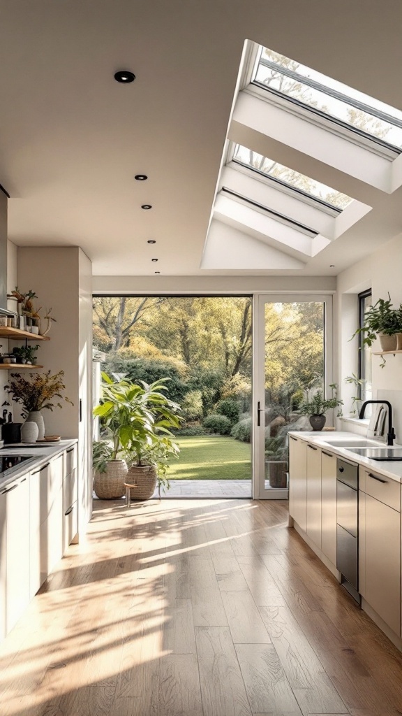 A bright, airy farmhouse kitchen featuring large windows, modern countertops, and rustic decor.