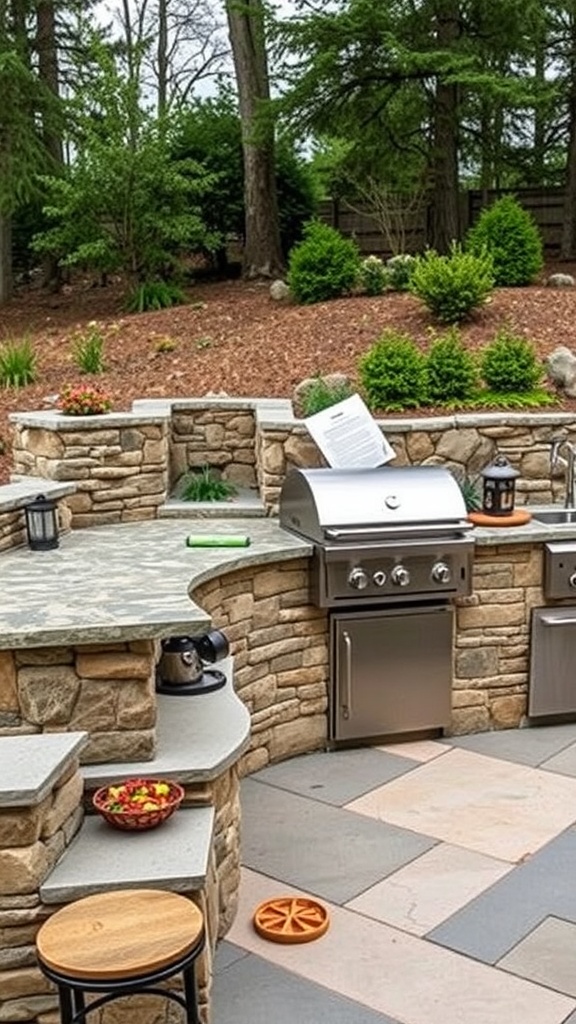 An outdoor kitchen featuring natural stone accents with a modern grill and seating area.