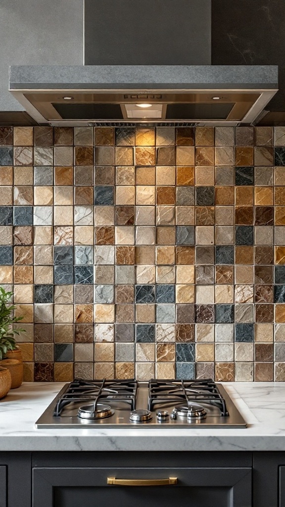 Natural stone mosaic backsplash in a kitchen