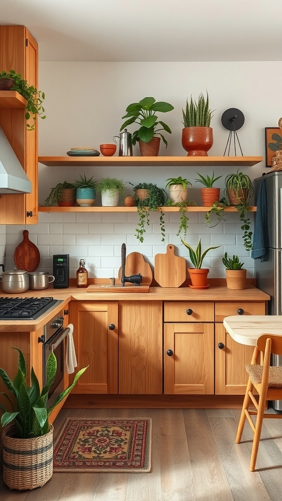 A cozy boho kitchen featuring natural wood cabinets and shelves adorned with various potted plants.