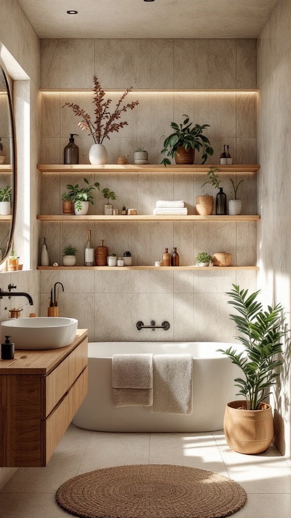 A bathroom featuring natural wood shelves, a wooden vanity, and various plants.