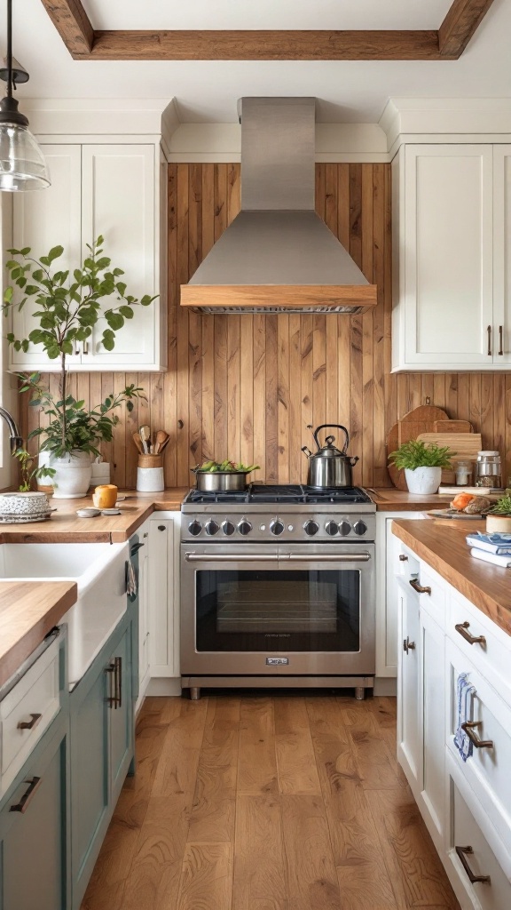 A kitchen featuring a natural wood slat backsplash, with modern appliances and wooden countertops.