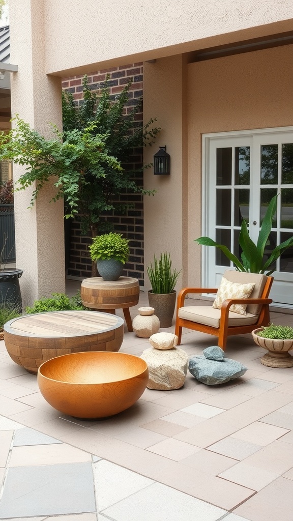 Nature-inspired patio accessories with wooden bowls, stone accents, and potted plants.