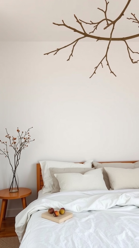 A cozy bedroom featuring a branch accent on the ceiling and a vase with twigs on a nightstand.