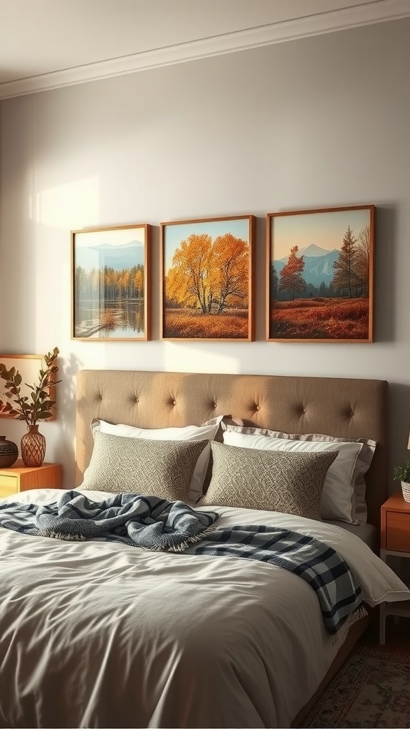 Cozy fall bedroom with nature-inspired wall art featuring autumn trees and warm colors.