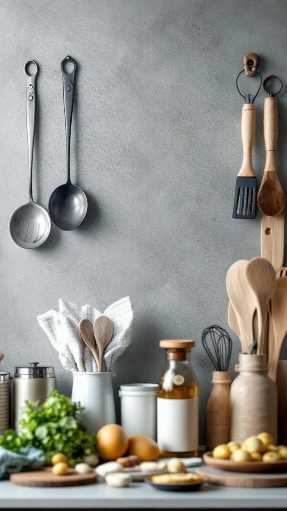 A collection of neatly arranged kitchen utensils, including wooden spoons and metal ladles, on a stylish countertop.