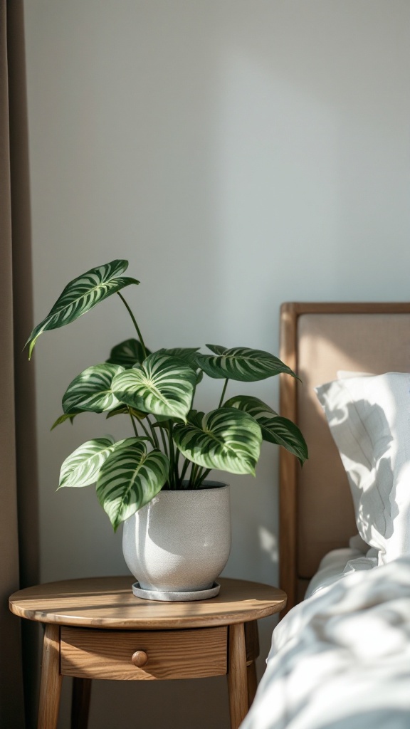 A nerve plant with unique leaf patterns in a pot on a wooden side table.