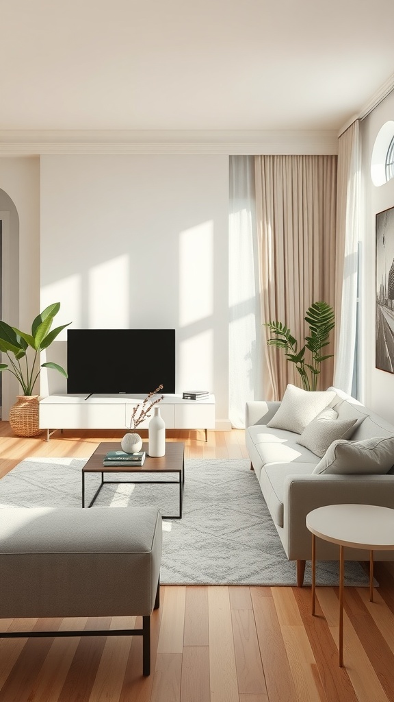 A modern minimal living room featuring a neutral color palette with soft whites, beiges, and grays.