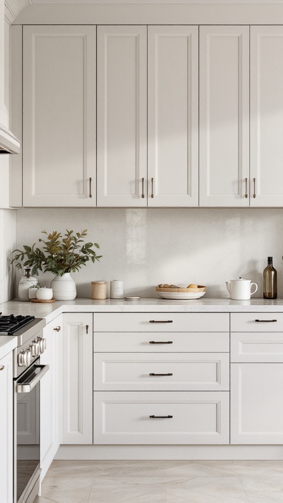 A modern kitchen with white cabinets and natural decor elements.