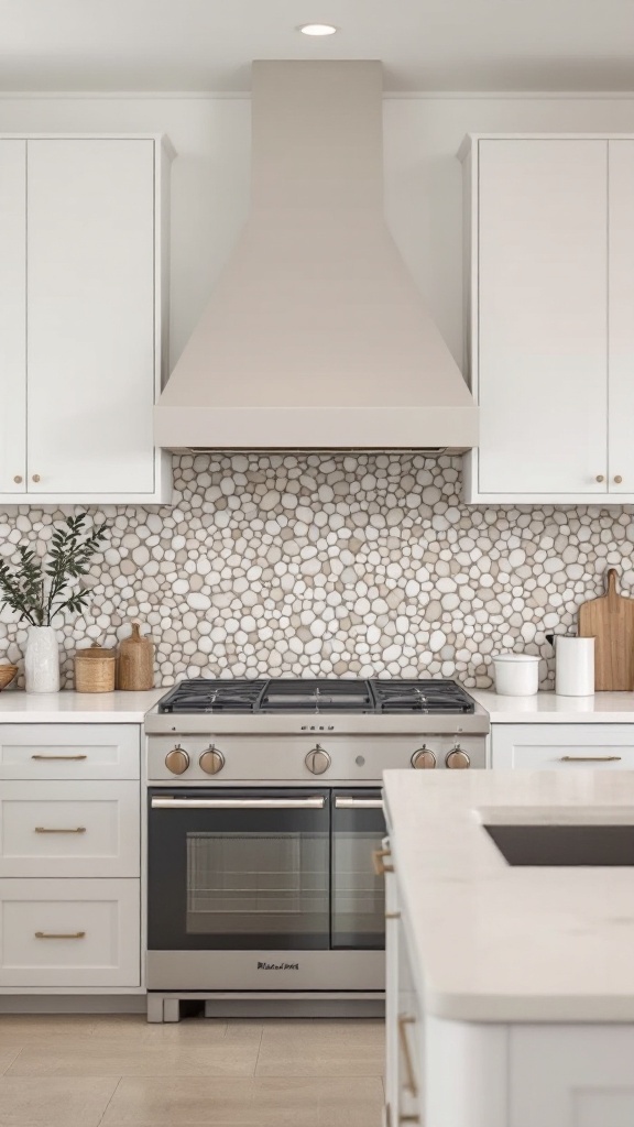 A kitchen with a neutral pebble mosaic backsplash, white cabinets, and modern appliances.