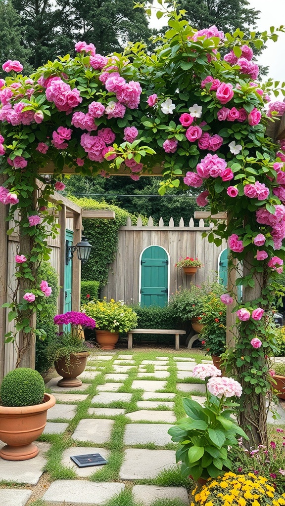 A garden arbor adorned with pink roses, leading to a tranquil patio with various plants and a bench.